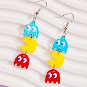 🎮🕹️ PAC MAN❗️ CUTE, COLORFUL, AND FUN ACRYLIC LONG ARCADE DESIGN EARRINGS❗️